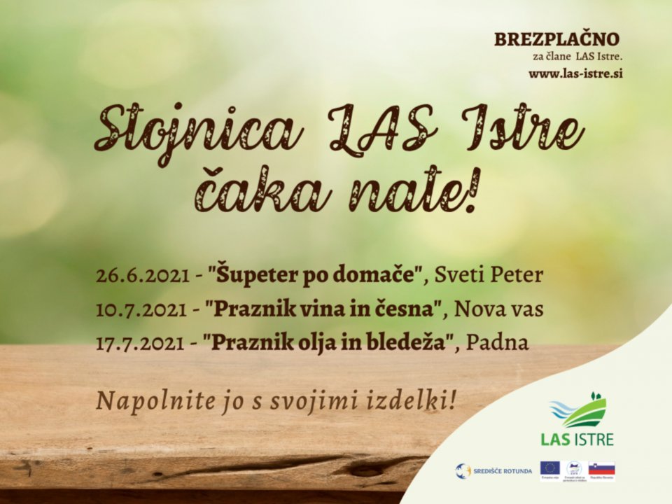 LAS Istre ponuja brezplačno stojnico na treh dogodkih v istrskem zaledju