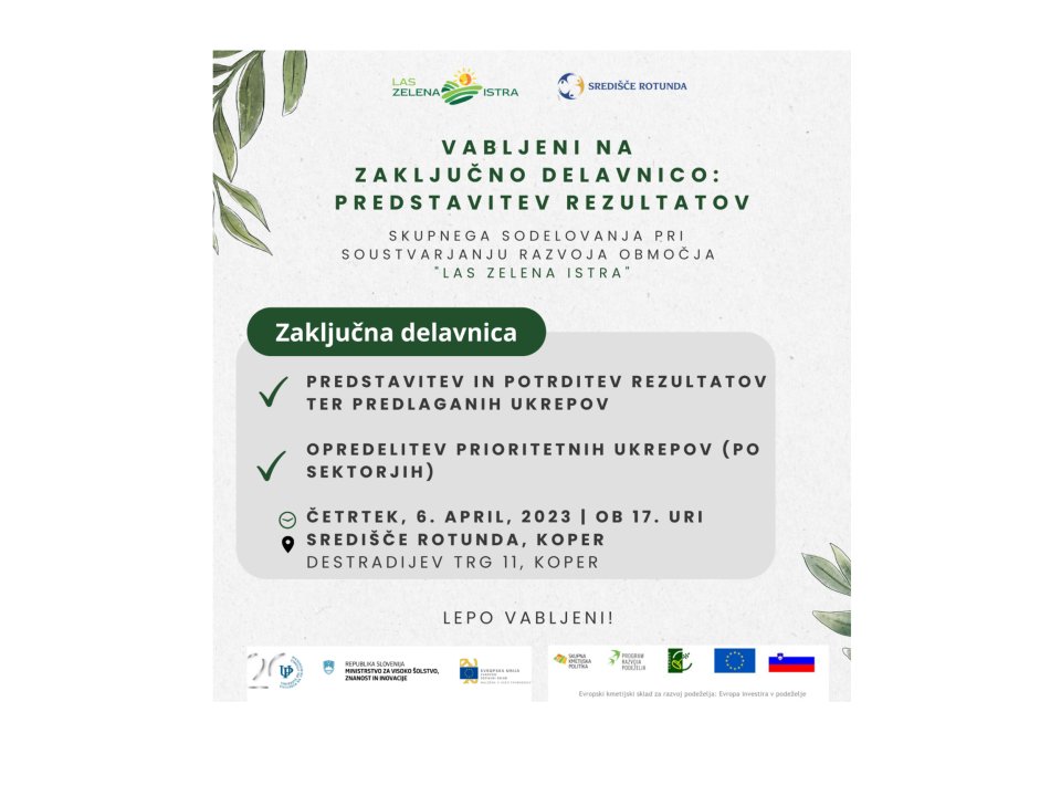 Vabljeni na zaključno delavnico soustvarjanja razvoja območja LAS Zelena Istra!
